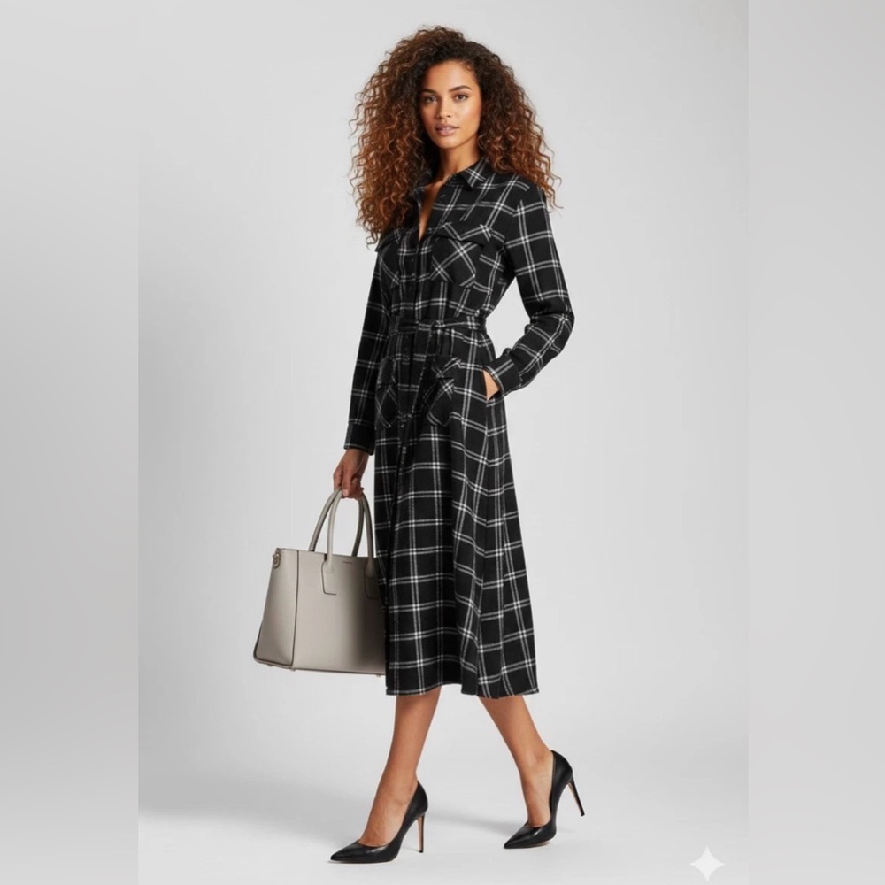 CURRENT/ELLIOTT Ana Maxi Plaid Shirt dress Black/ White Sz 1. NWT